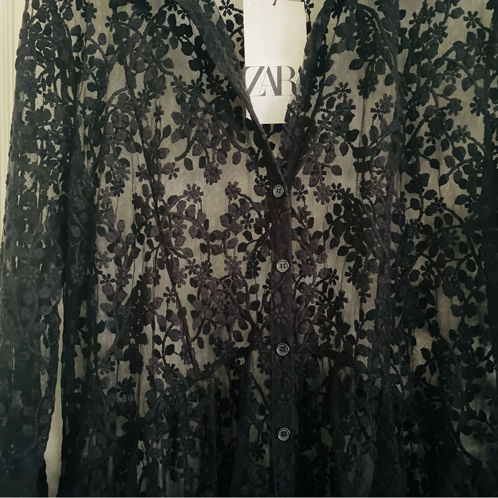 Zara Black Floral Lace Robe Kimono Dress Coverup Size L - Picture 9 of 10